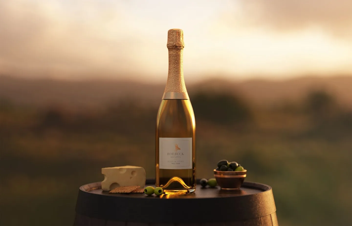 Roebuck Estates rose bottle with food on a barrel at sunset