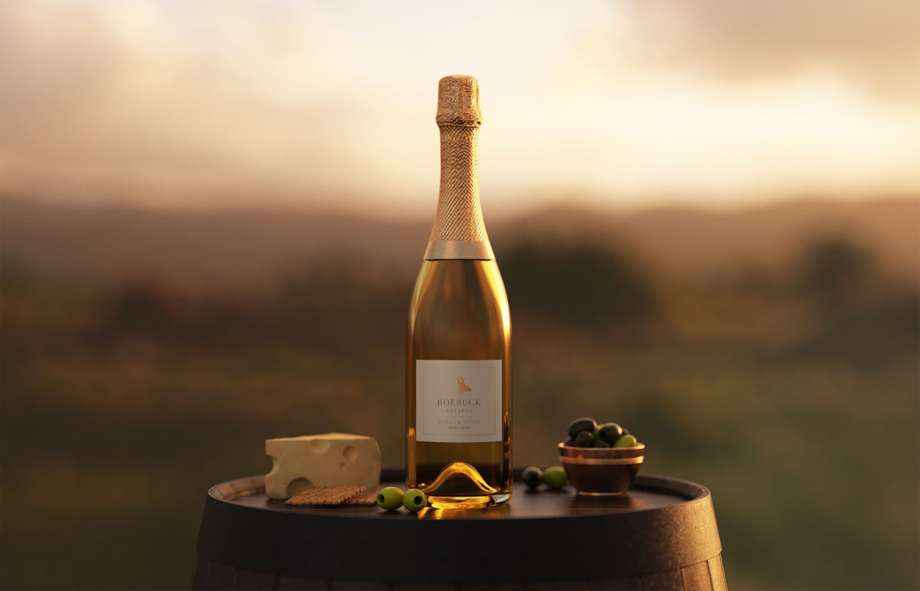 Roebuck Estates rose bottle with food on a barrel at sunset