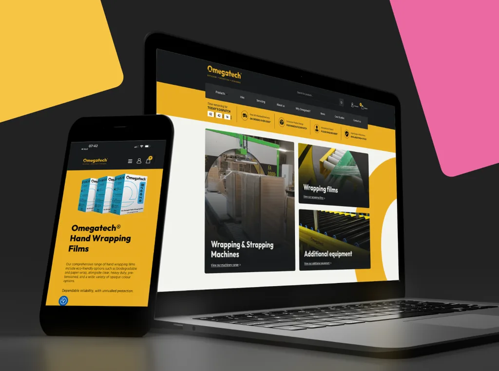 Mockup of the new Omegatech website on desktop and mobile